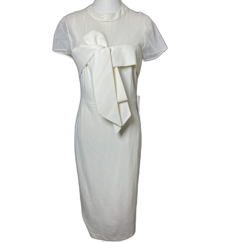 JS Collection Illusion neck, bow, midi dress size 8 off white New with tags - Picture 3 of 9